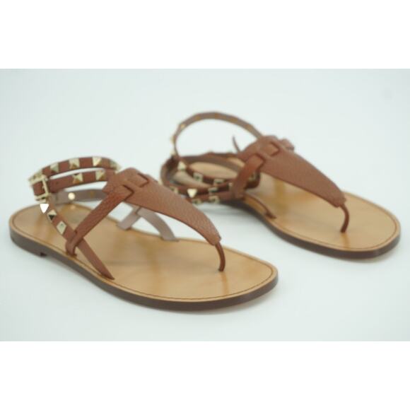 Valentino Rockstud brown Leather Ankle Strap Flat Thong Sandals Size 36 NIB $895 - Picture 8 of 12